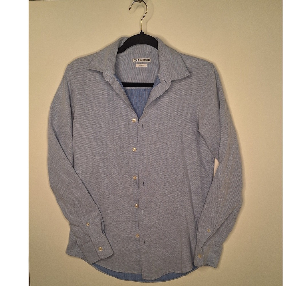 Zara‎ Man Slim Fit Button Down Shirt Light Blue Micro Pattern Mens Small